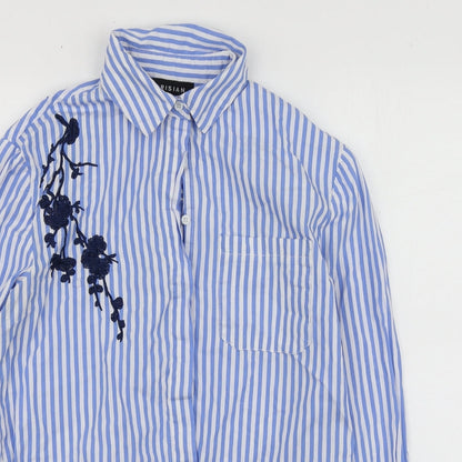 Parisian Womens Blue Striped Cotton Basic Button-Up Size 8 Collared