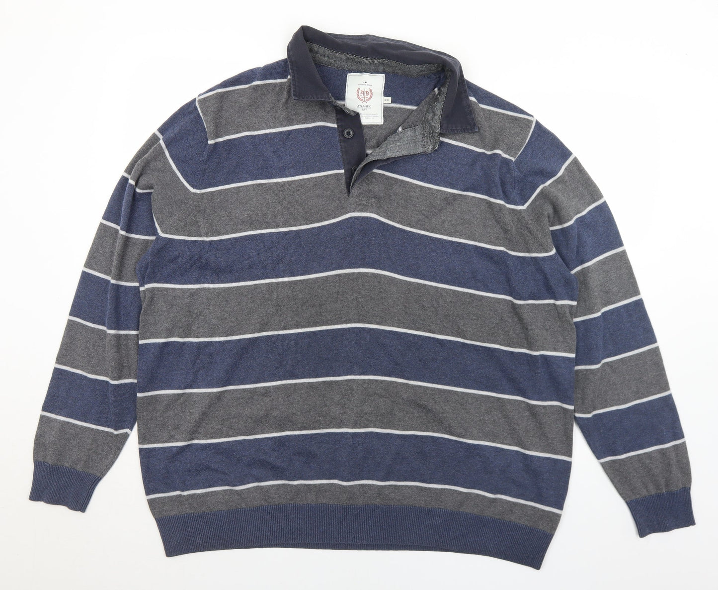 BHS Mens Blue Collared Striped Cotton Pullover Jumper Size 2XL