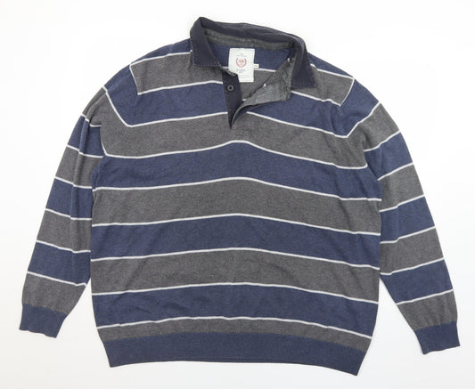 BHS Mens Blue Collared Striped Cotton Pullover Jumper Size 2XL