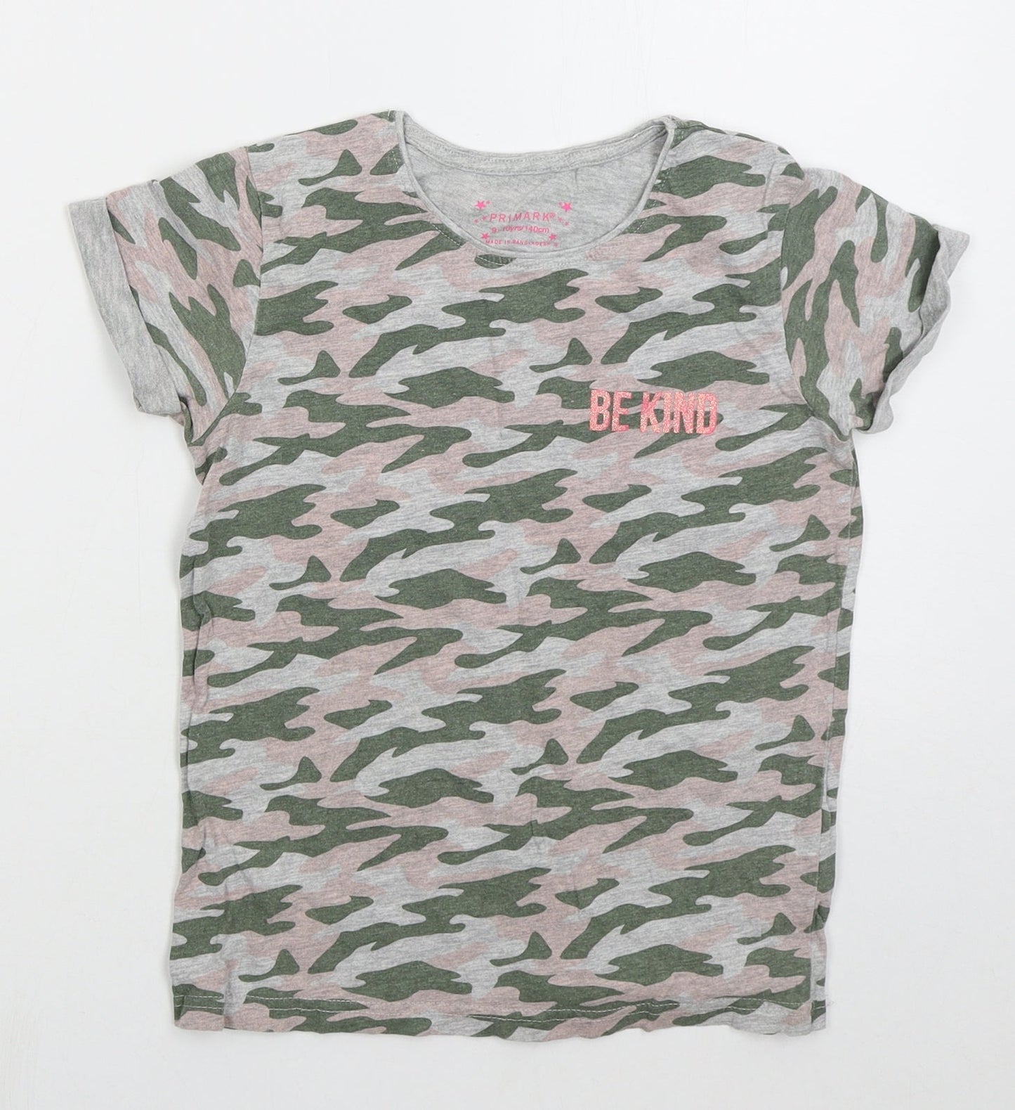 Primark Girls Green Camouflage Cotton Basic T-Shirt Size 9-10 Years Crew Neck Pullover - Be Kind