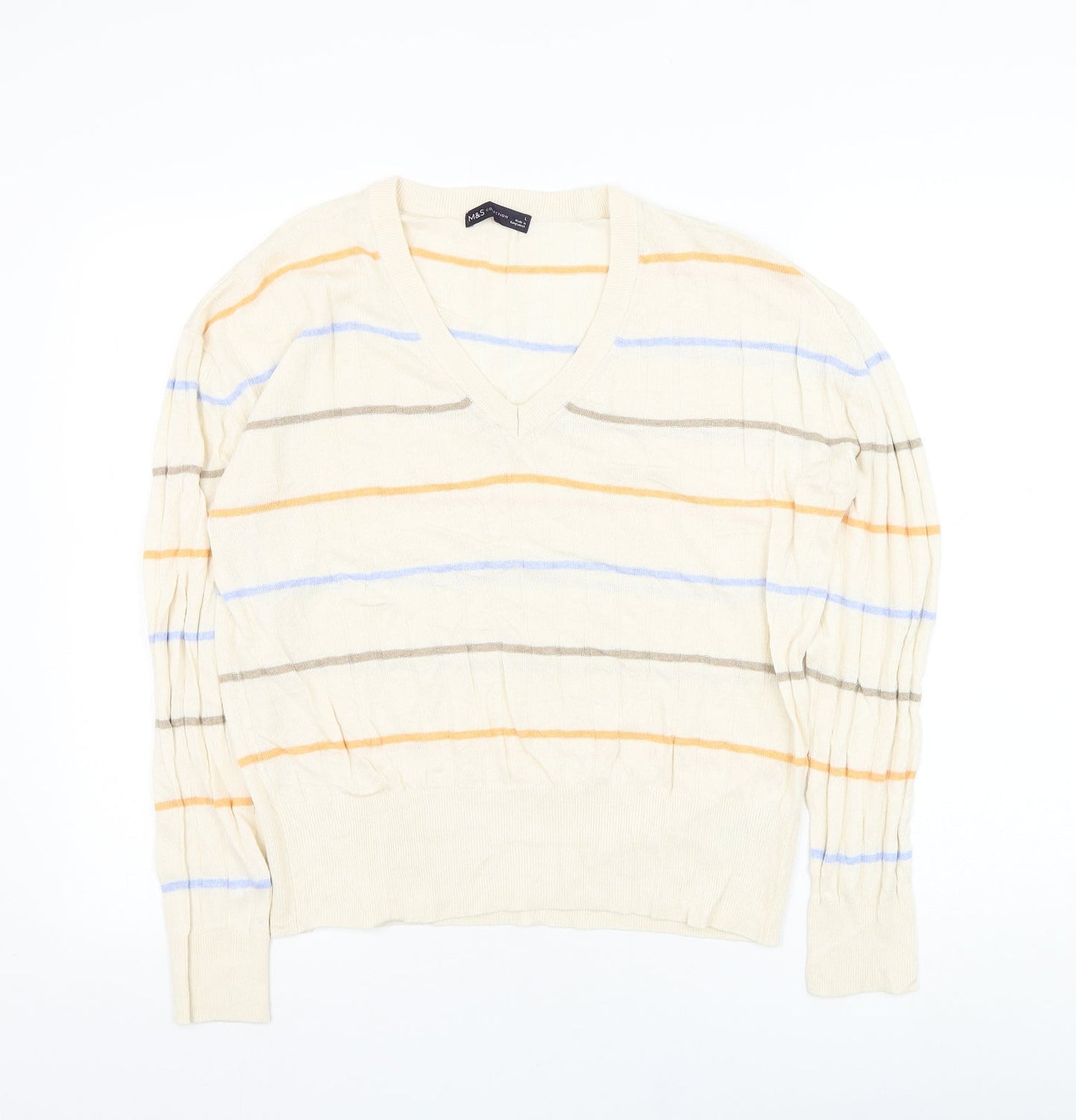 Marks and Spencer Mens Ivory V-Neck Striped Viscose Pullover Jumper Size L