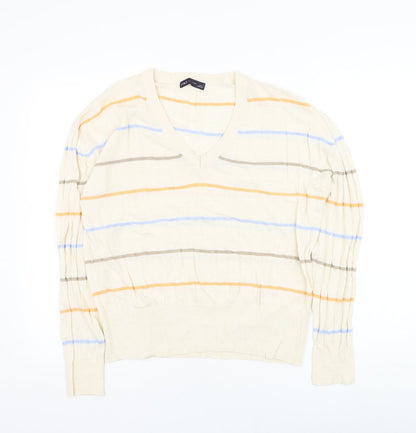 Marks and Spencer Mens Ivory V-Neck Striped Viscose Pullover Jumper Size L