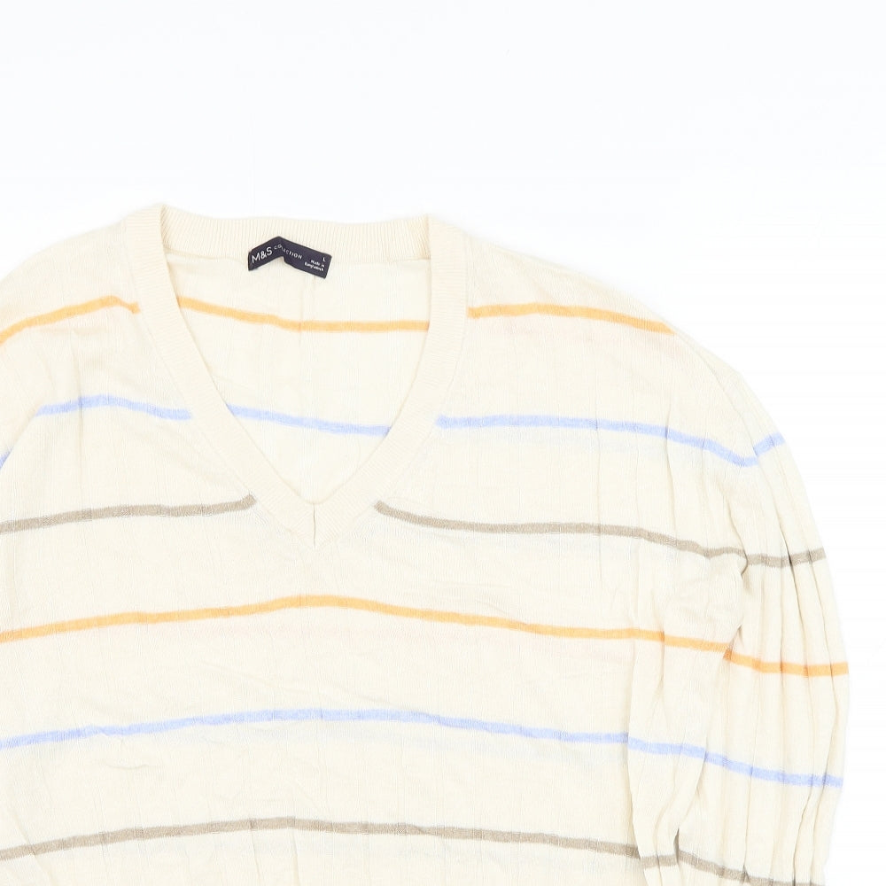 Marks and Spencer Mens Ivory V-Neck Striped Viscose Pullover Jumper Size L