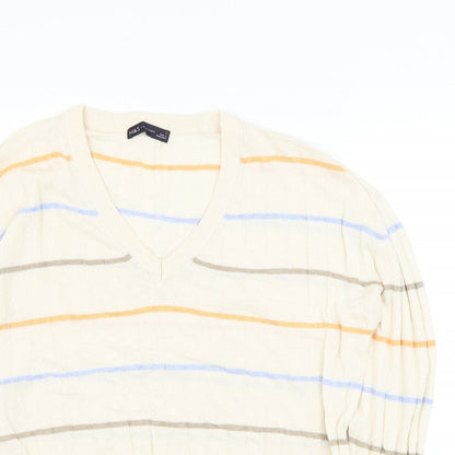 Marks and Spencer Mens Ivory V-Neck Striped Viscose Pullover Jumper Size L