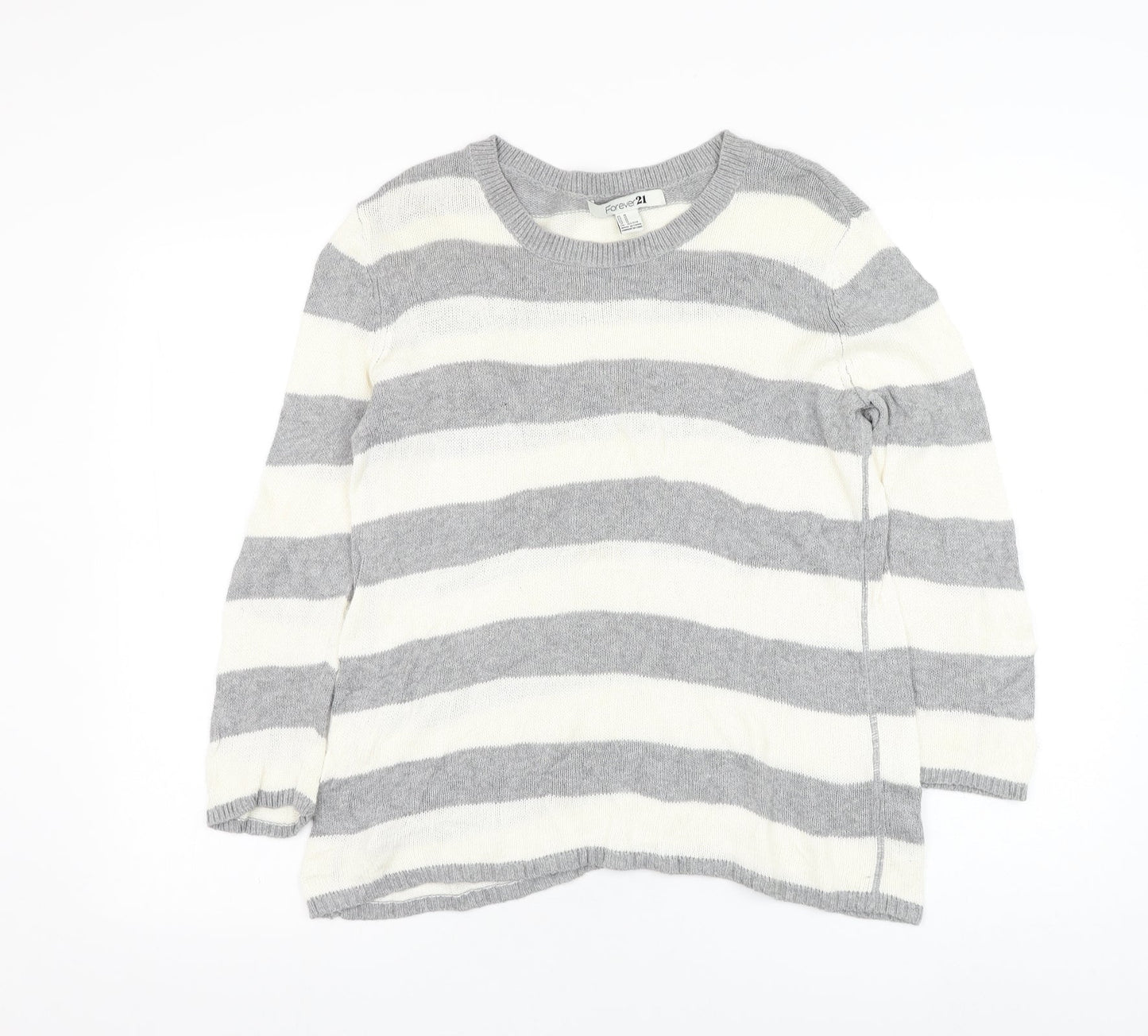 FOREVER 21 Womens Grey Round Neck Striped Cotton Pullover Jumper Size M