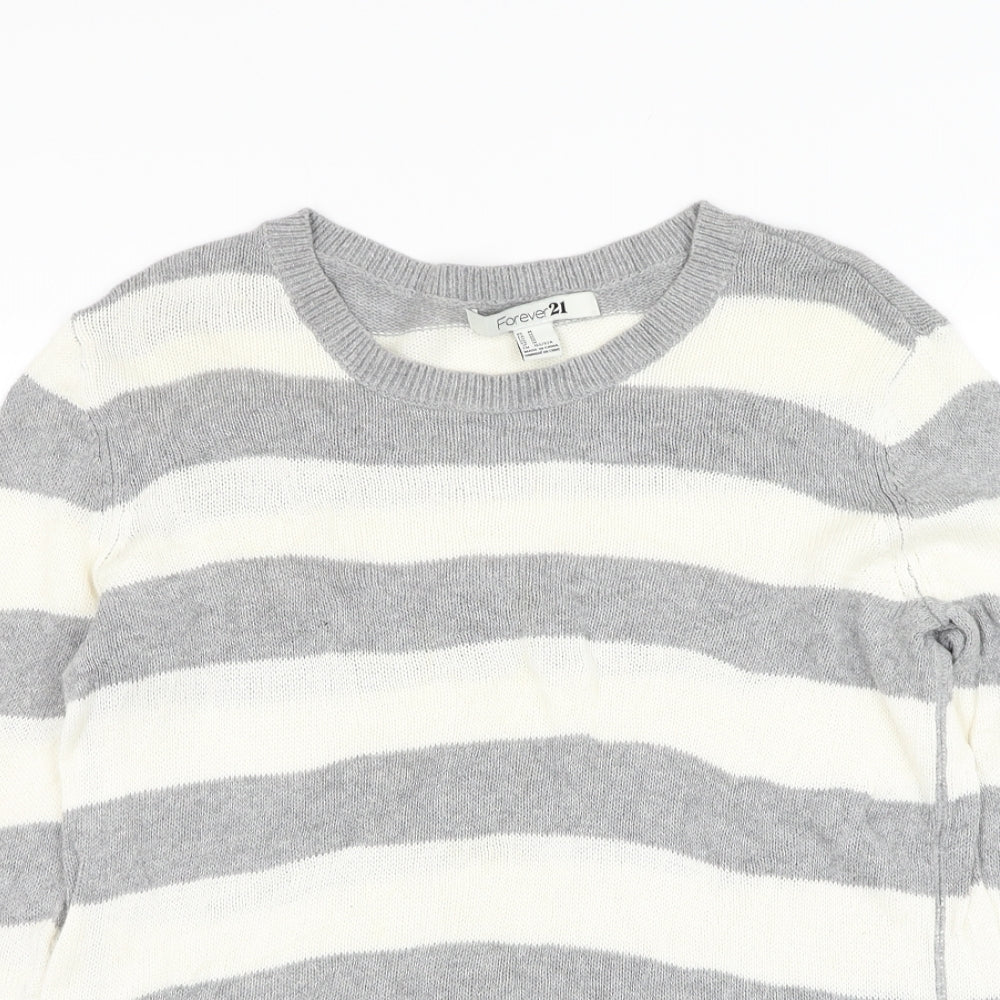 FOREVER 21 Womens Grey Round Neck Striped Cotton Pullover Jumper Size M