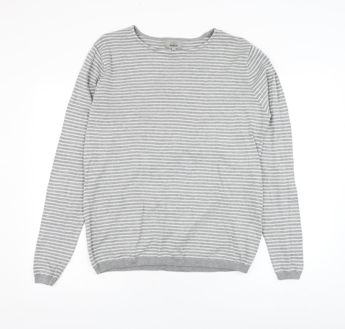 Marks and Spencer Mens Grey Round Neck Striped Cotton Pullover Jumper Size M