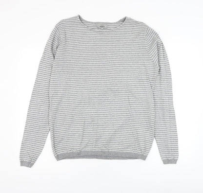 Marks and Spencer Mens Grey Round Neck Striped Cotton Pullover Jumper Size M