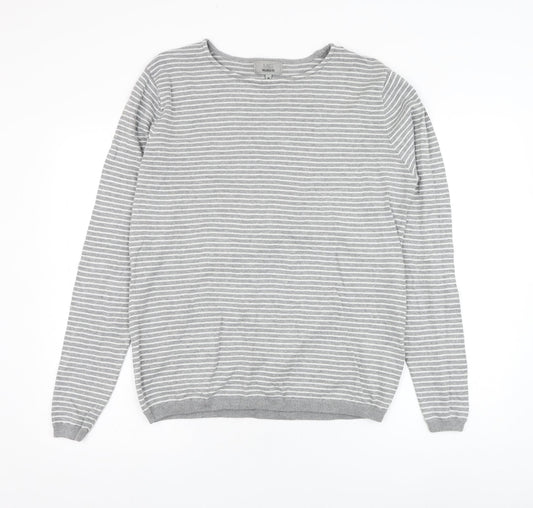 Marks and Spencer Mens Grey Round Neck Striped Cotton Pullover Jumper Size M