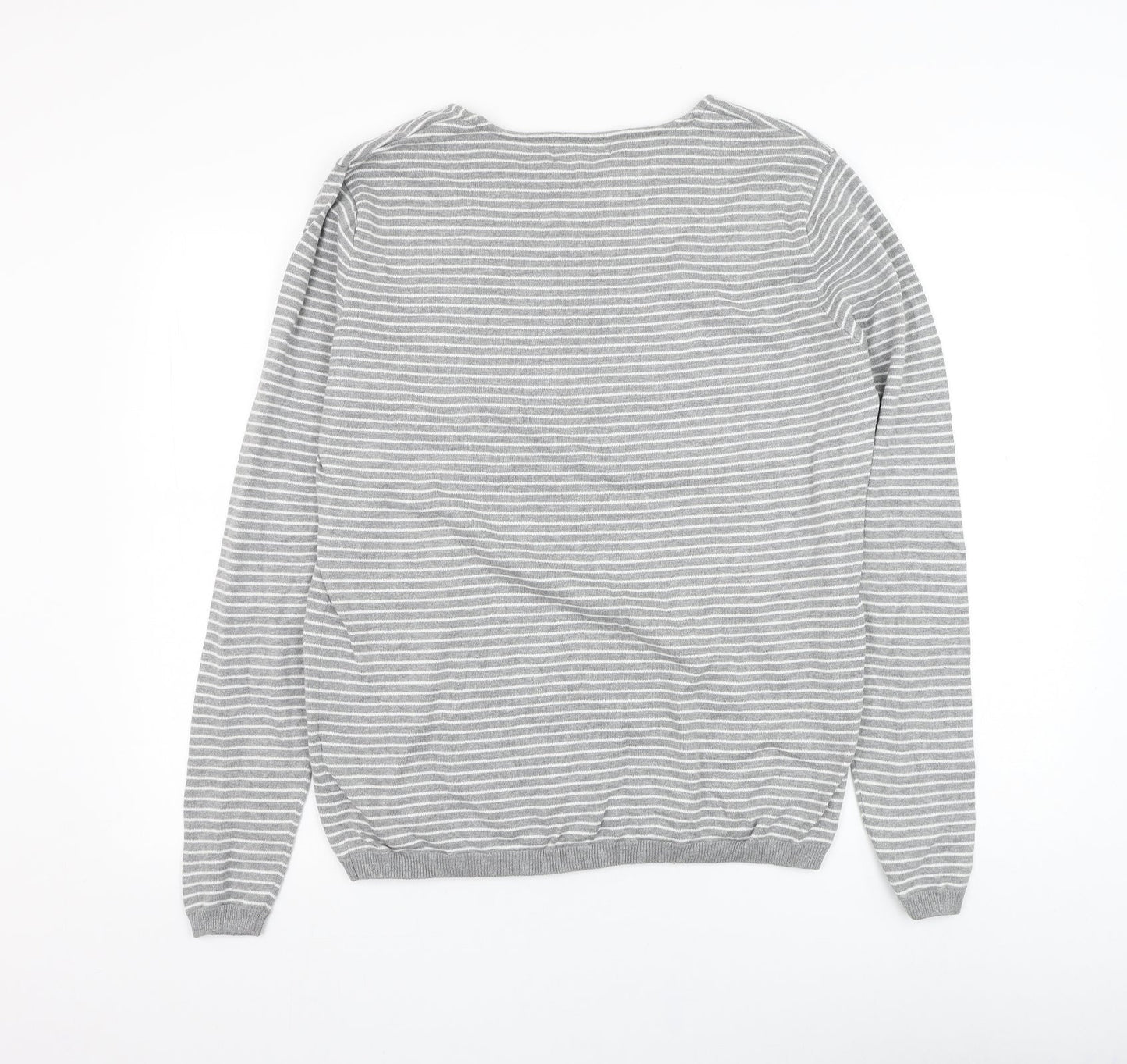 Marks and Spencer Mens Grey Round Neck Striped Cotton Pullover Jumper Size M