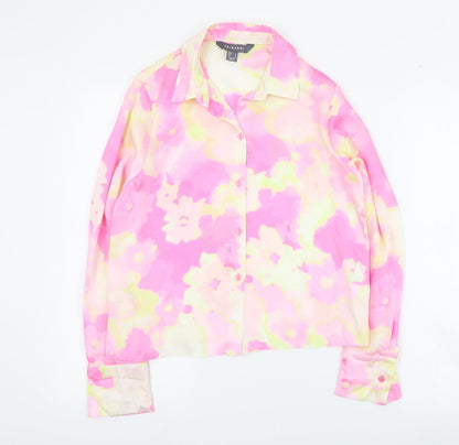 Primark Womens Pink Floral Polyester Basic Button-Up Size 8 Collared