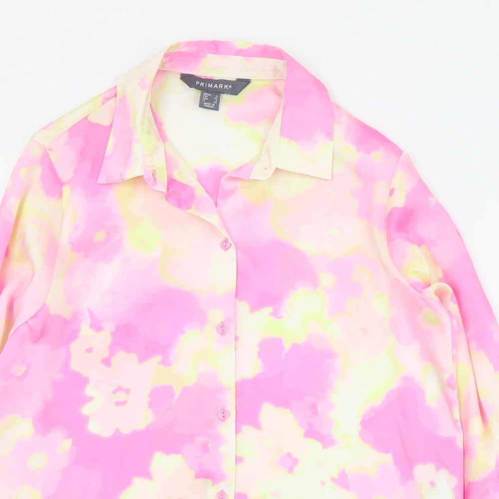 Primark Womens Pink Floral Polyester Basic Button-Up Size 8 Collared