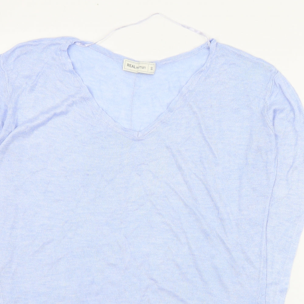 Real Woman Womens Blue V-Neck  Viscose Pullover Jumper Size S