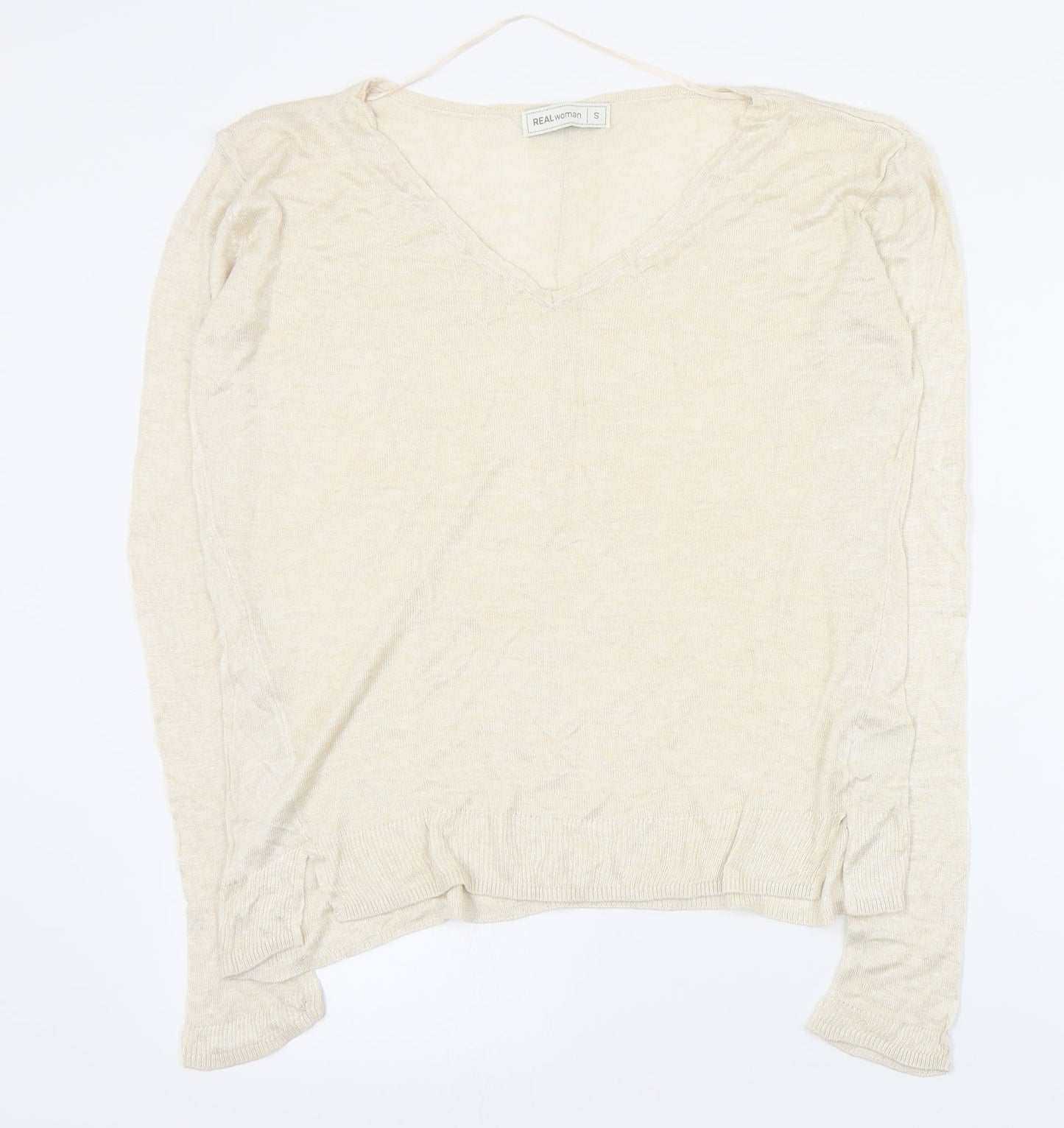 Real Woman Womens Beige V-Neck  Viscose Pullover Jumper Size S