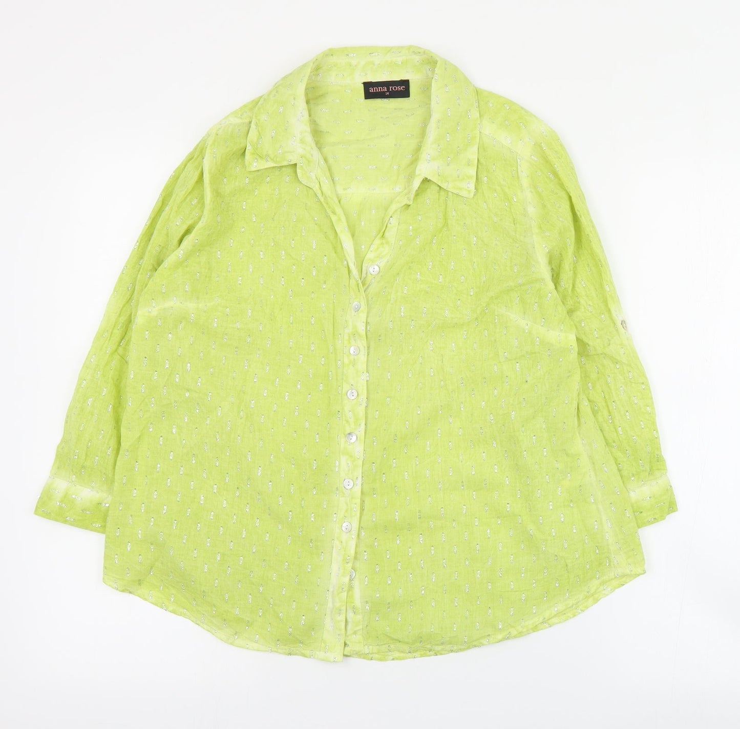 Anna Rose Womens Green  Cotton Basic Button-Up Size 14 Collared