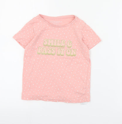 Primark Girls Pink Polka Dot Cotton Basic T-Shirt Size 5-6 Years Crew Neck Pullover - Slogan