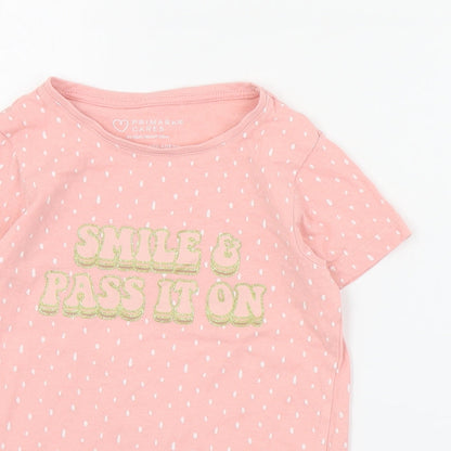 Primark Girls Pink Polka Dot Cotton Basic T-Shirt Size 5-6 Years Crew Neck Pullover - Slogan