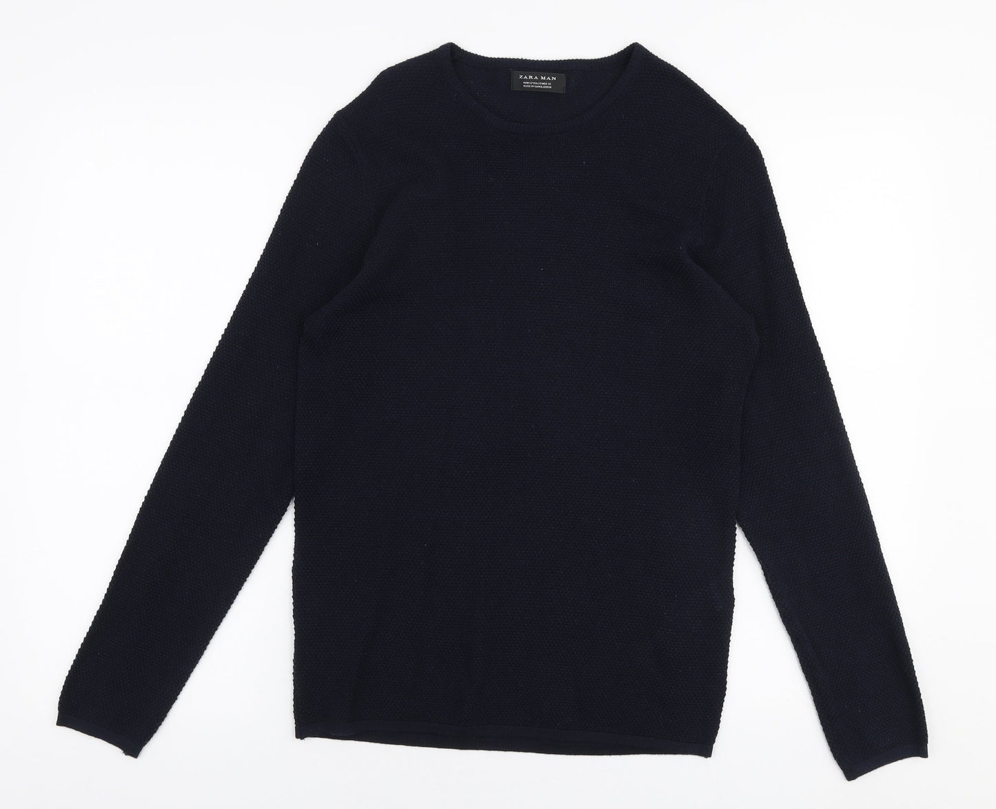 Zara Mens Blue Round Neck  Cotton Pullover Jumper Size S