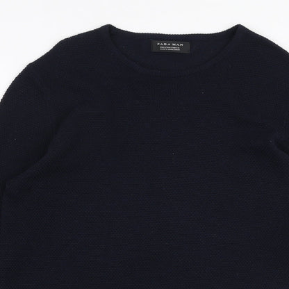 Zara Mens Blue Round Neck  Cotton Pullover Jumper Size S