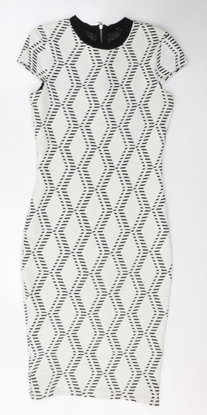 River Island Womens White Geometric Cotton A-Line  Size 10  Round Neck Zip