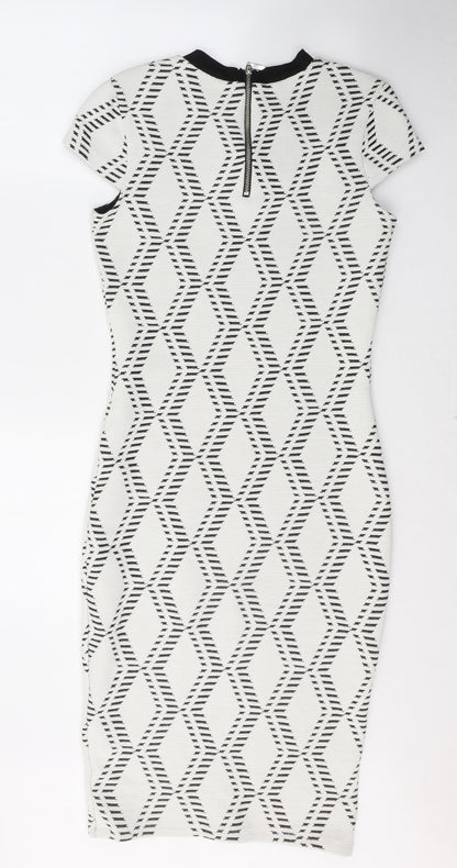 River Island Womens White Geometric Cotton A-Line  Size 10  Round Neck Zip
