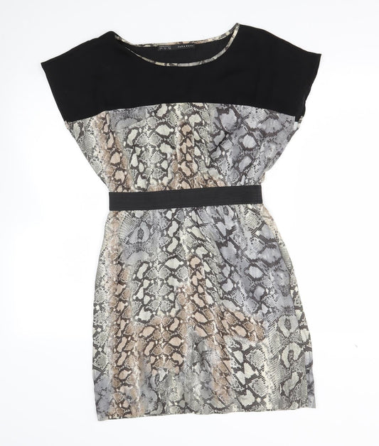 Zara Womens Black Animal Print Viscose Fit & Flare  Size S  Scoop Neck
