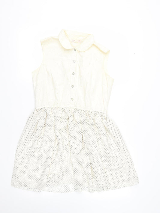 Marks and Spencer Womens White Polka Dot Cotton Fit & Flare  Size M  Collared Button