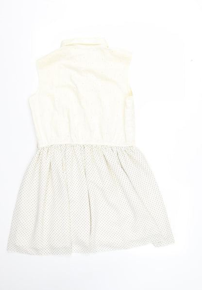 Marks and Spencer Womens White Polka Dot Cotton Fit & Flare  Size M  Collared Button