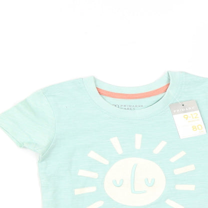 Primark Baby Green  Cotton Basic T-Shirt Size 9-12 Months Round Neck  - Sun Print