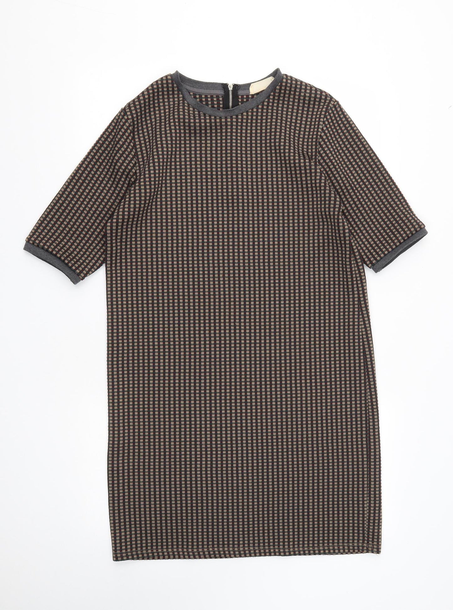 Zara Womens Brown Plaid Polyester A-Line  Size L  Round Neck Zip