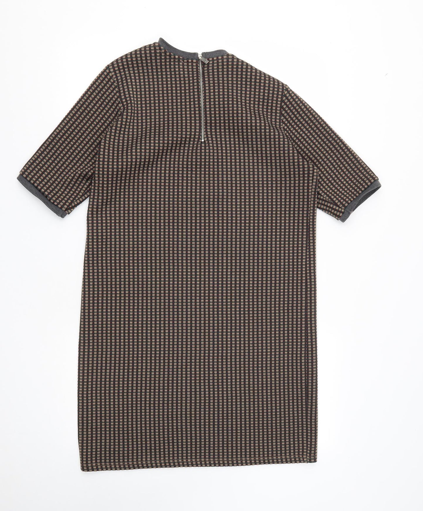 Zara Womens Brown Plaid Polyester A-Line  Size L  Round Neck Zip