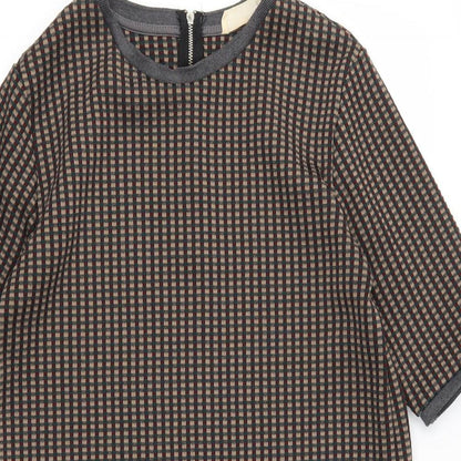 Zara Womens Brown Plaid Polyester A-Line  Size L  Round Neck Zip