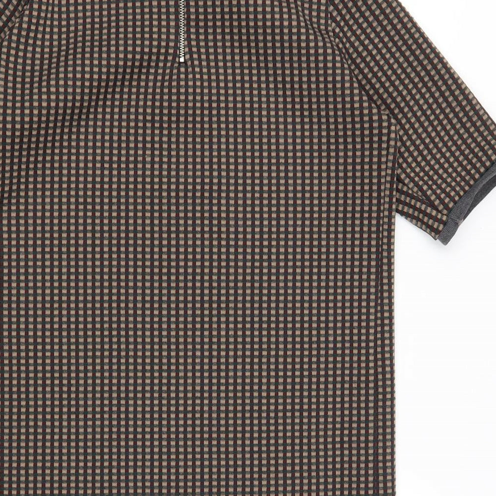Zara Womens Brown Plaid Polyester A-Line  Size L  Round Neck Zip