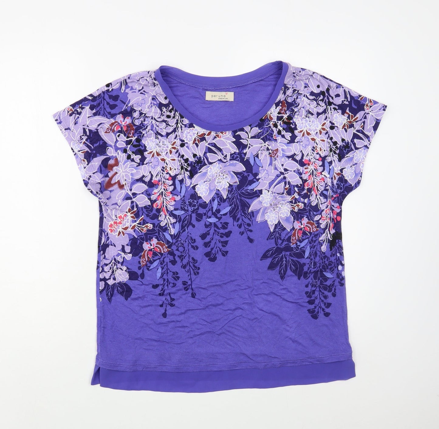Per Una Womens Blue Floral Viscose Basic T-Shirt Size M Boat Neck