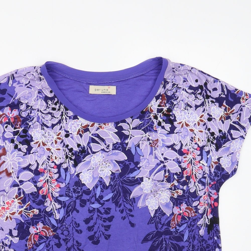 Per Una Womens Blue Floral Viscose Basic T-Shirt Size M Boat Neck