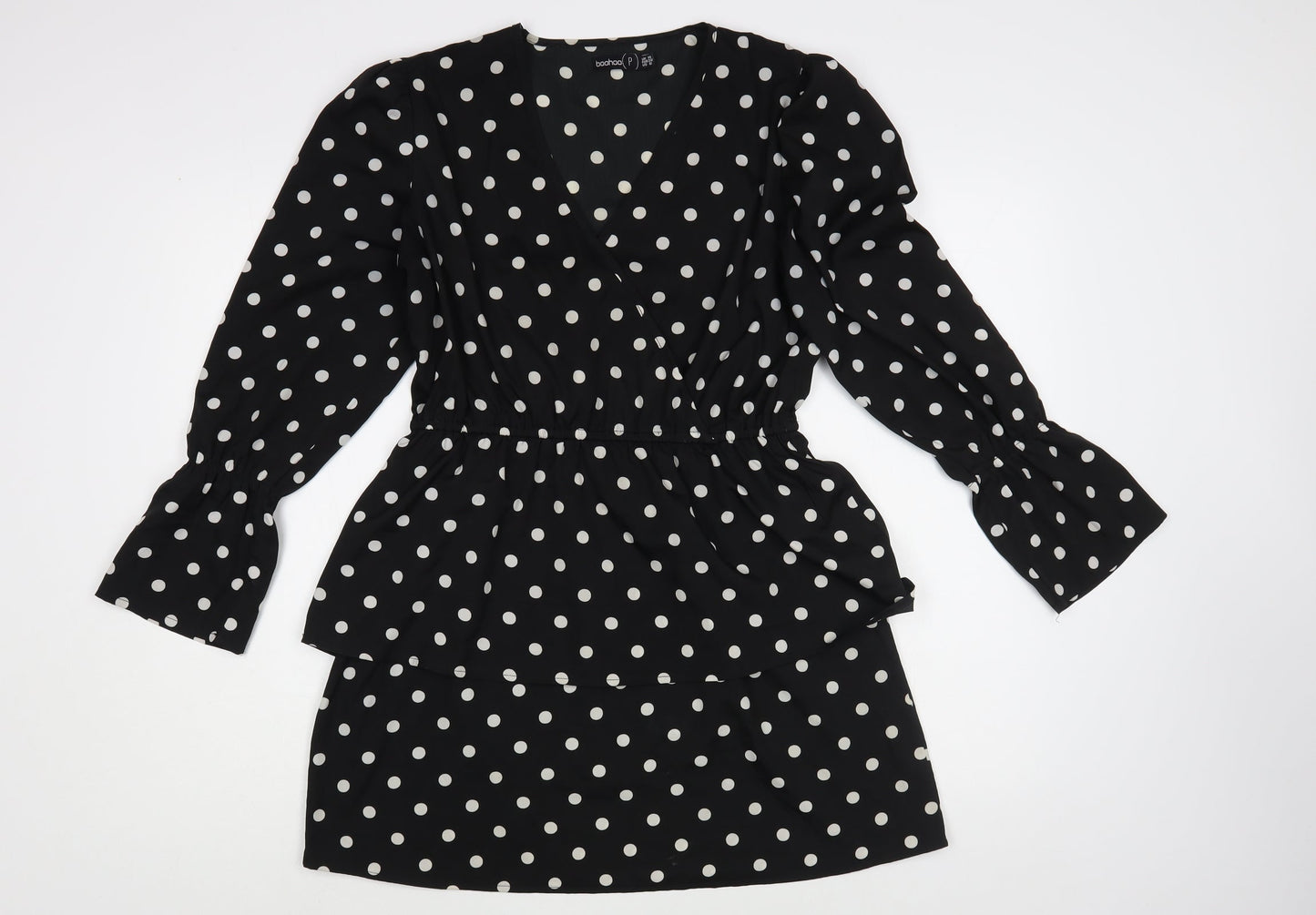 Boohoo Womens Black Polka Dot Polyester Fit & Flare  Size 10  V-Neck Pullover