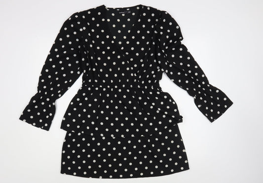 Boohoo Womens Black Polka Dot Polyester Fit & Flare  Size 10  V-Neck Pullover