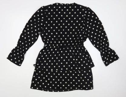 Boohoo Womens Black Polka Dot Polyester Fit & Flare  Size 10  V-Neck Pullover