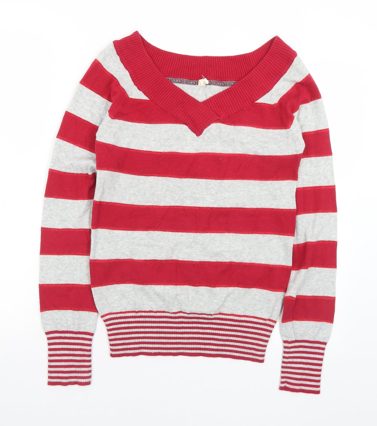 BSK Womens Red V-Neck Striped Acrylic Pullover Jumper Size M