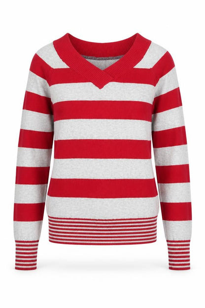 BSK Womens Red V-Neck Striped Acrylic Pullover Jumper Size M