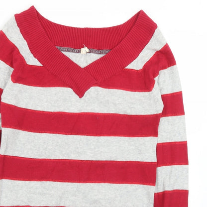 BSK Womens Red V-Neck Striped Acrylic Pullover Jumper Size M