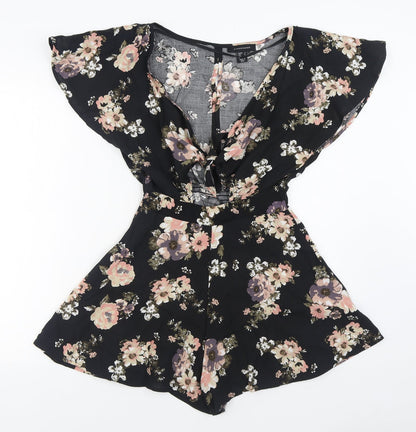 Primark Womens Black Floral Viscose Playsuit One-Piece Size 4  Tie