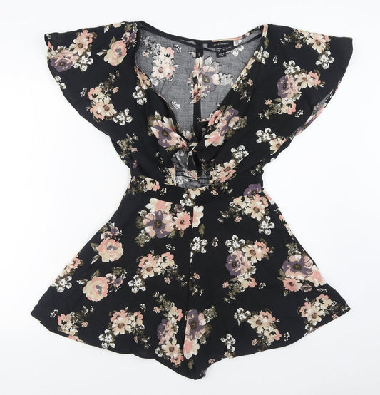 Primark Womens Black Floral Viscose Playsuit One-Piece Size 4  Tie