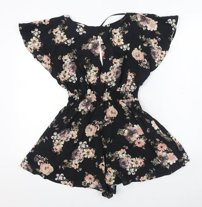 Primark Womens Black Floral Viscose Playsuit One-Piece Size 4  Tie