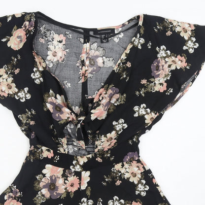 Primark Womens Black Floral Viscose Playsuit One-Piece Size 4  Tie