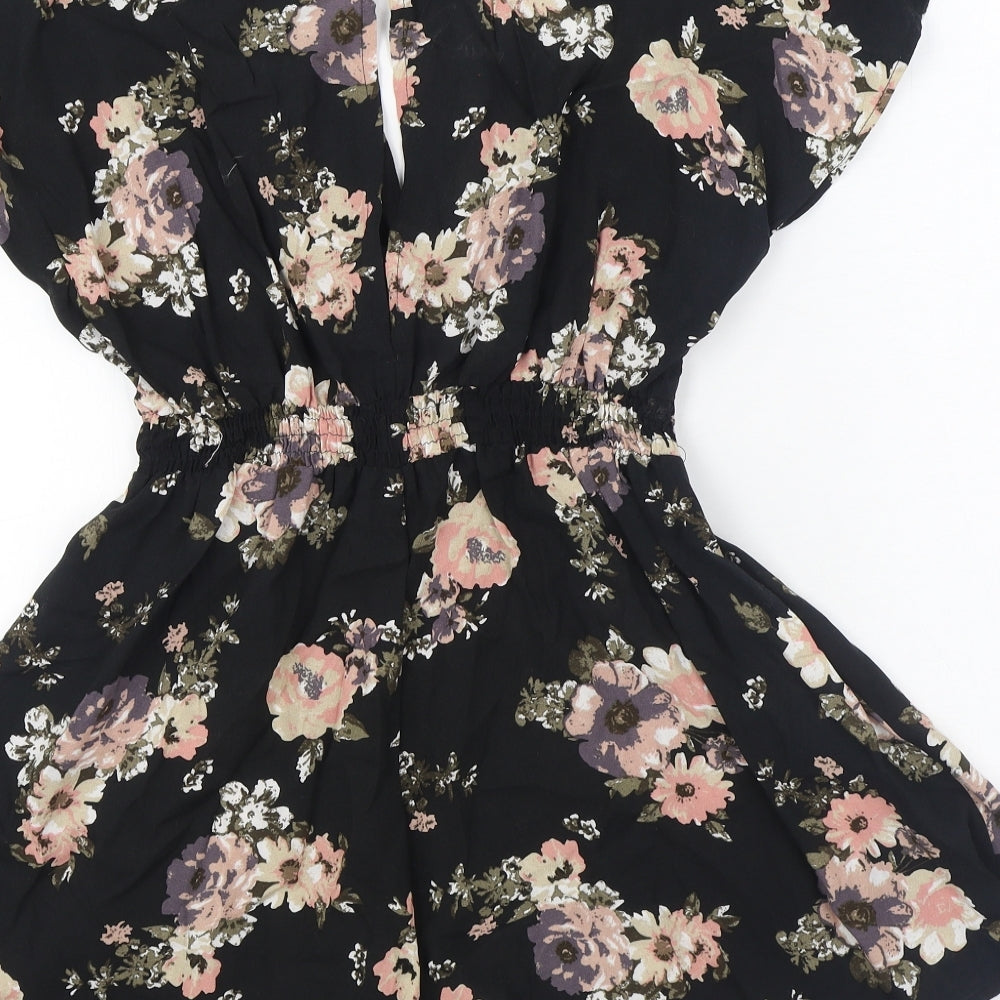 Primark Womens Black Floral Viscose Playsuit One-Piece Size 4  Tie