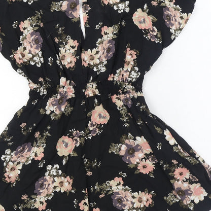 Primark Womens Black Floral Viscose Playsuit One-Piece Size 4  Tie