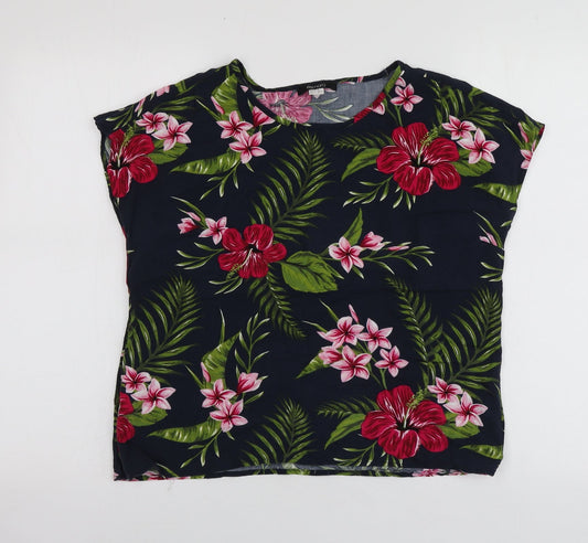 ESMARA Womens Blue Floral Polyester Basic T-Shirt Size 12 Round Neck