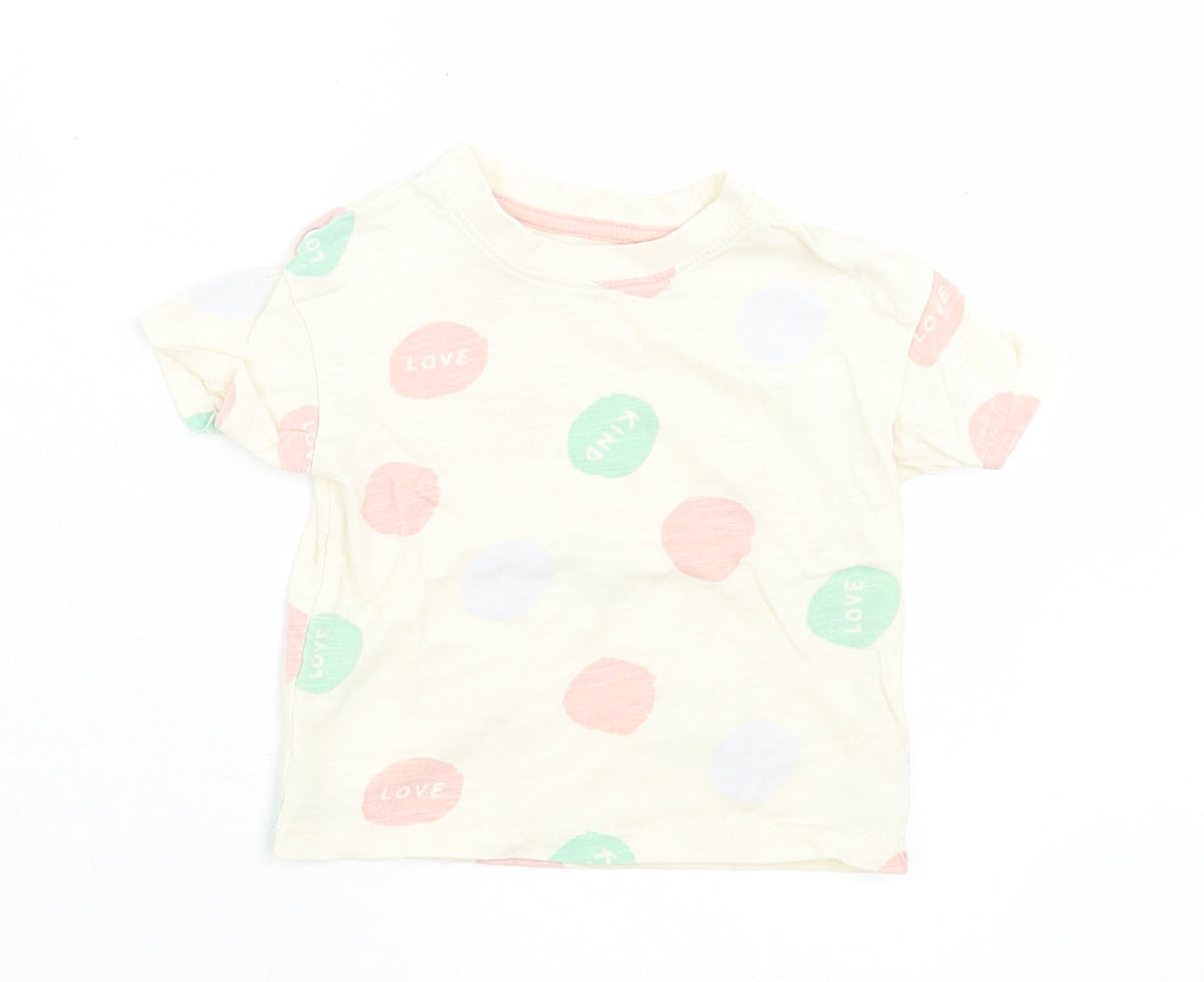 Primark Girls Beige Geometric Polyester Basic T-Shirt Size 9-12 Months Crew Neck Pullover