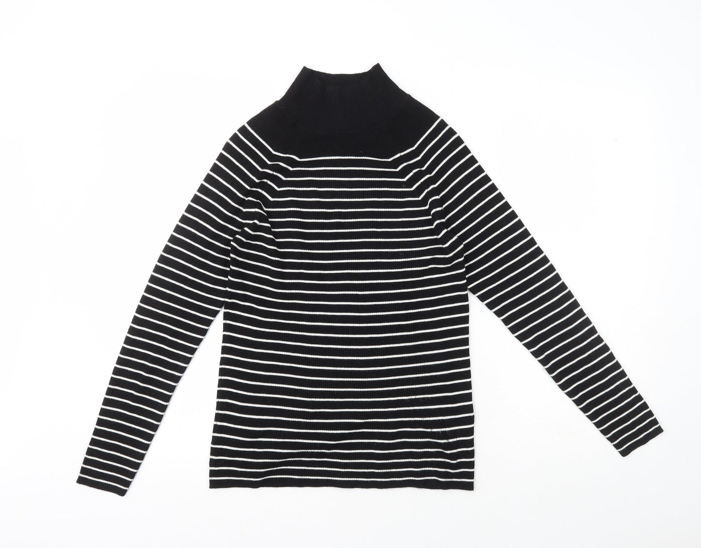 Marks and Spencers Womens Black High Neck Striped Viscose Pullover Jumper Size 12